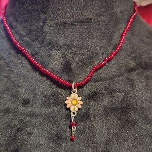 Red and silver flower necklace 16 inches